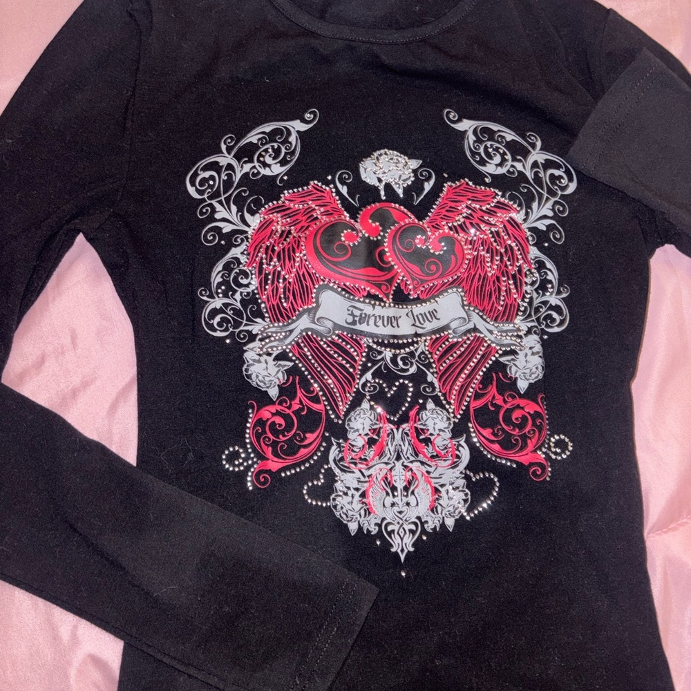 Black Long Sleeve Top with Red and White Graphic
